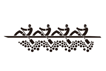 Team of four rowers, decorative symbol. Stylized black Illustration of four sport rowers in boat....