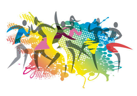 Wild dance party, beach party. Expressive, stylized illustration of dancing people on grunge colorful background. Vector available.のイラスト素材
