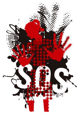Abused young woman, SOS violence. Grunge stylized woman silhouette with arms in defensive position and SOS inscription. Vector availablのイラスト素材