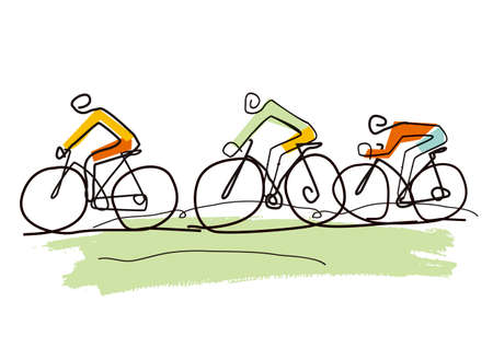 Cycling trip, line art stylized cartoon. Stylized drawing of three cyclists in a abstract landscape. Vector available.のイラスト素材