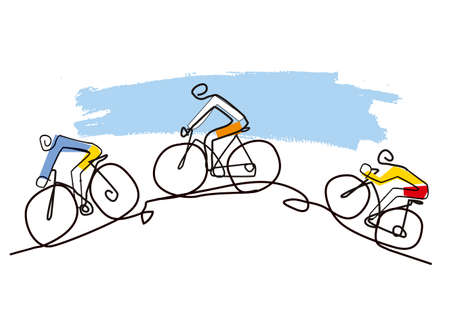 Mountain bike cyclists, line art stylized cartoon. Illustration of three cyclists on a hill. Isolated on white background. Vector availablのイラスト素材