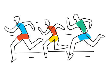 Jogging, running race cartoon. Illustration of three funny runners with continuous line drawing design. Vector available.のイラスト素材