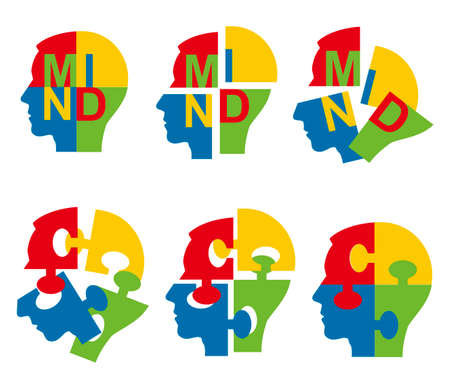 Colorful Puzzle Piece Silhouette Heads, scattered mind. Disassembled Puzzle stylized male head silhouette symbolizing personality breakdown, cleaved mind, mindfulness. Vector illustration.のイラスト素材