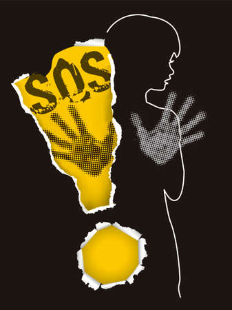Abused litle girl, SOS violence. Stylized child silhouette with arms in defensive position and SOS inscription, torn paper exclamation mark. Vector available.のイラスト素材