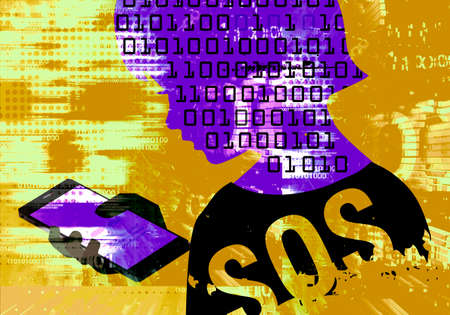 Little boy with Mobile phone dependence, SOS warning. Child stylized head silhouette with binary codes and Mobile phone. Social networks addiction concept.の写真素材
