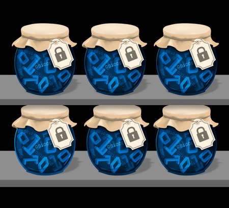 Well secured data, shelves, Funny vintage concept. Illustration of six jam glass jars with binary code 3d symbols and label with lock icon. Vector available.の写真素材