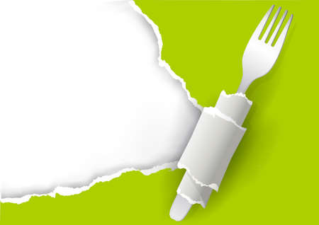 Vegetarian restaurant Menu background, ripped paper. Illustration of green torn paper with fork. Place for our text or image. Vector available.のイラスト素材
