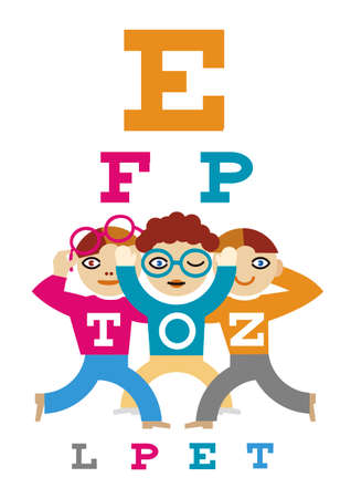 Children testing eyesight, kids at optitian. Illustration of three children with eye test chart. Vector available.のイラスト素材