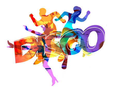 Disco dancers. Expressive stylized illustration of three dancing young people and DISCO inscription.の写真素材