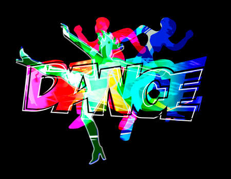 Dancers, modern disco dance. Expressive stylized illustration of three dancing young people and DANCE inscriptionの写真素材
