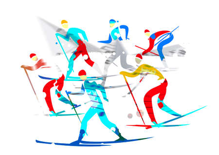 Cross-country skiing competition. Expressive illustration of nordic skiing competitors.の写真素材