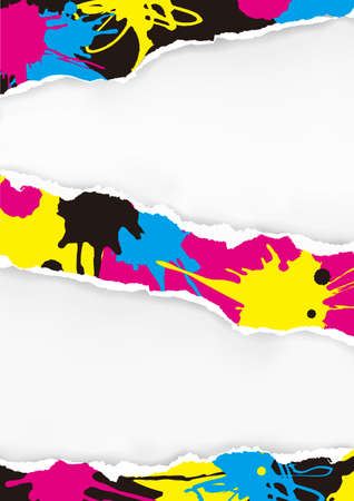 Torn paper with CMYK colors ink splashes. Ripped paper with place for your image or text. Concept for presenting color printing. Vector available.のイラスト素材