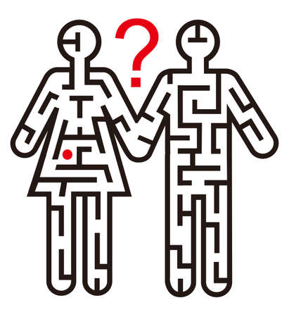 Transgender people, maze concept. Illustration of male and female simple silhouette with labyrinth an question mark.Vector available.のイラスト素材