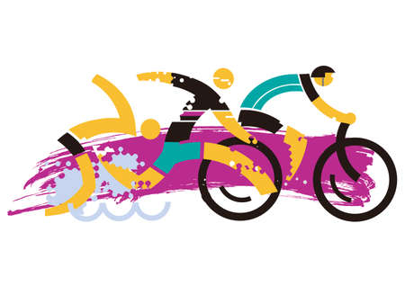 Three Triathlon Racers. Expressive dynamic drawing Three triathlon athletes on the grunge background. Vector available.のイラスト素材