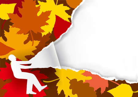Autumn paper background, promotion man ripped paper. Male silhouette ripping paper background with autumn leaves. Place for your image or text. Vector available.のイラスト素材