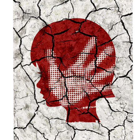 Child, domestic violence. Little girl stylized silhouette with hand print on the cracked earth grunge background.の写真素材