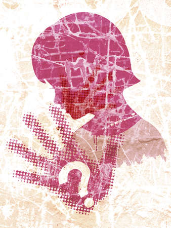 Child, victim of domestic violence. Little girl stylized silhouette with handprint and question mark on the scratched wall backgroundnd.の写真素材