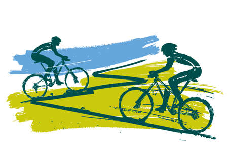Mountain bikers, cycling race. Expressive grunge stylized illustration of mountain bike cyclists. Vector available.のイラスト素材