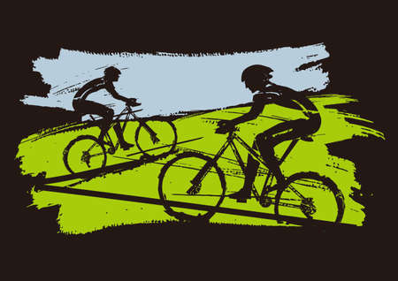 Mountain bikers, cycling race. Expressive grunge stylized illustration of mountain bike cyclists on black background. Vector available.のイラスト素材