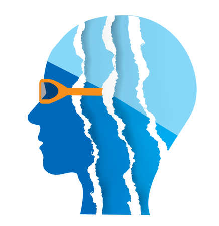 Swimmer head silhouette, torn paper. Playful Illustration of stylized male head with swimming glasses and swimming cap. Vector available.のイラスト素材