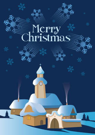 Christmas winter landscape, merry christmas inscription. Illustration of magical winter village with church. Vector availablのイラスト素材