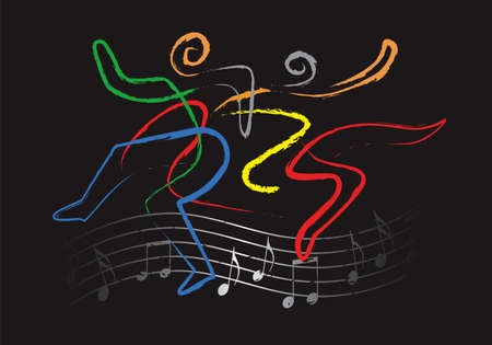 Lively dancing people, folk dance symbol. Expressive, line art stylized illustrations of dancers .Isolated on black background. Vector available.のイラスト素材