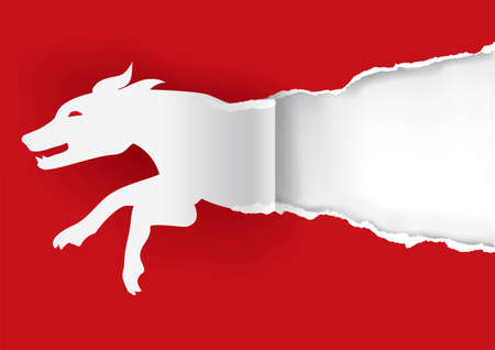 Paper dog ripping paper. Illustration of stylized dog paper silhouette on red paper background. Vector available.のイラスト素材