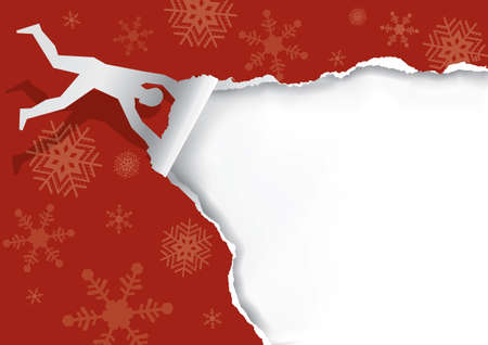 Flying man,tearing paper, funny torn paper Christmas banner template. 
Paper male silhouette ripping red christmas paper background. Unwrapping gift. Vector available.のイラスト素材