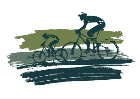 Mountain bike cyclists, grunge stylized.
Illustration of two cyclists on colorful expressive brush stroke. Isolated on white background. Vector available.のイラスト素材