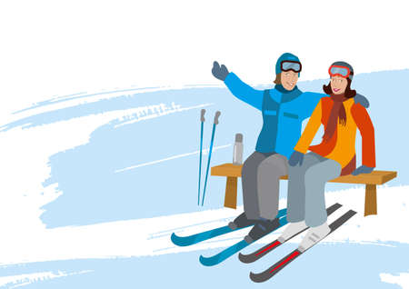 Young couple on ski vacation, banner background. young couple with skis sitting on the bench in snowy mountains, brush stroke backdrop. Vector available.のイラスト素材