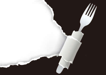 Food Menu, ripped paper background. Illustration of black torn paper with fork. Place for your text or image.Vector available.のイラスト素材