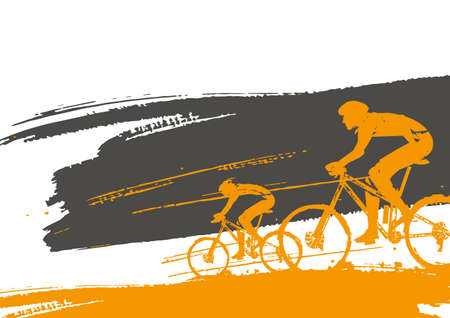 Mountain bike cyclists, expressive banner background. Colorful backdrop with two cyclists on brush stroke. Banner template. Vector available.のイラスト素材