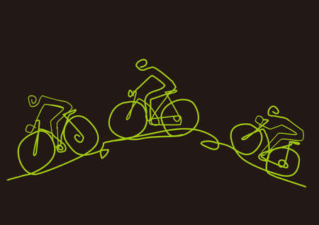 Green transport, cycling, line art stylized cartoon. Colorful Illustration of three cyclists on a hill. Isolated on black background. Vector available.のイラスト素材