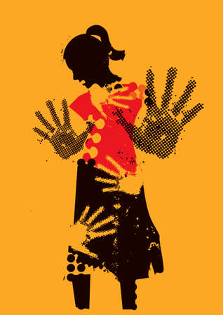 Stop violence against women, victim of sexual violence. Grunge stylized young woman silhuette with arms in defensive position and hand prints on the body. Vector available.のイラスト素材