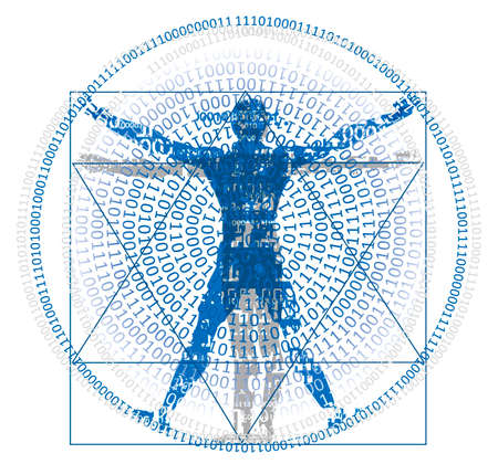 Vitruvian man with binary code, symbol of digital age. Stylized drawing of vitruvian man with spiral of binary codes. Vector available.の素材 [FY310178381702]