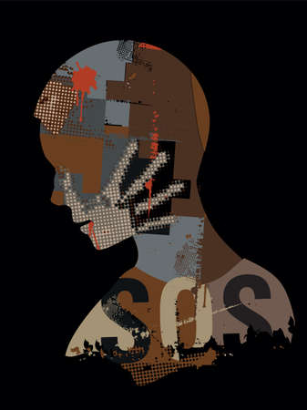 SOS, Victim of Violence. Human head stylized silhouette with hand print on the face symbolizing violence and war. Vector available.のイラスト素材