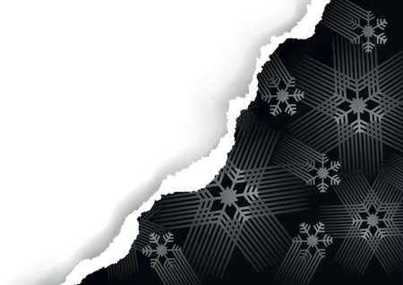 Black christmas background with torn paper, banner template. Illustration of ripped paper with snow flakes. Place for your text or image. Vector available.のイラスト素材
