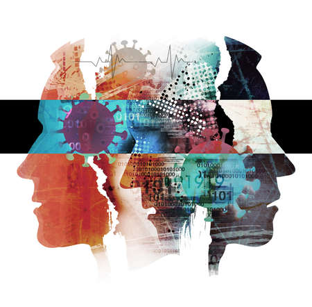 Pandemic of virus, depression, male heads. Illustration of stylized male silhouettes shown in profile. Concept symbolizing human tragedy of pandemic of virusの写真素材