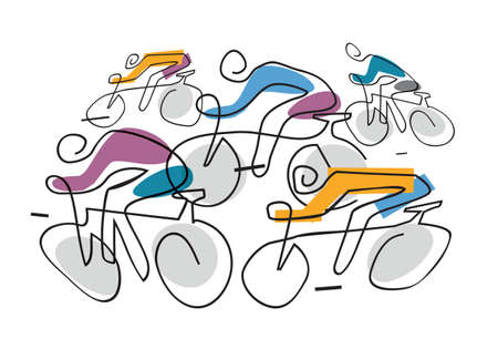 Cycling race, line art stylized cartoon. Illustration of three cyclists on a road. Continuous Line Drawing. Vector available.のイラスト素材