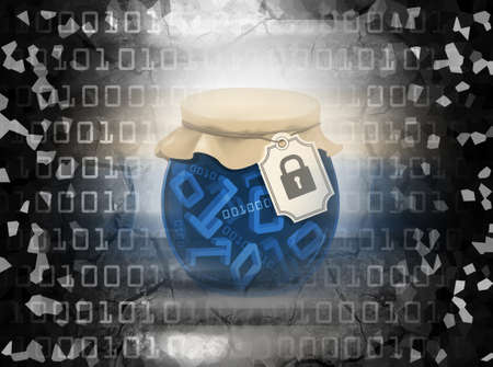 Well secured data, vintage concept. Illustration of jam glass jar with binary code 3d symbols and label with lock icon.の写真素材