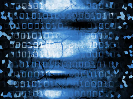Hacker blurred face. Human ruined face with cracks, smeared with binary codes symbolizing cybercrime.の写真素材