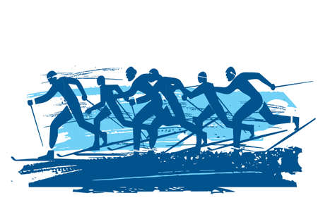 Cross-country skiing competition. Expressive blue illustration of nordic skiing competitors. Vector available.のイラスト素材