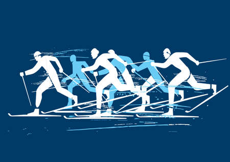 Cross-country skiing competition. Expressive illustration of nordic skiing competitors on blue background. Vector available.のイラスト素材