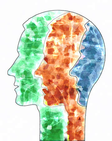 Schizophrenia male head silhouette. Illustration with three stylized male heads on grunge texture symbolizing schizophrenia Depression, bipolar disorder.の写真素材