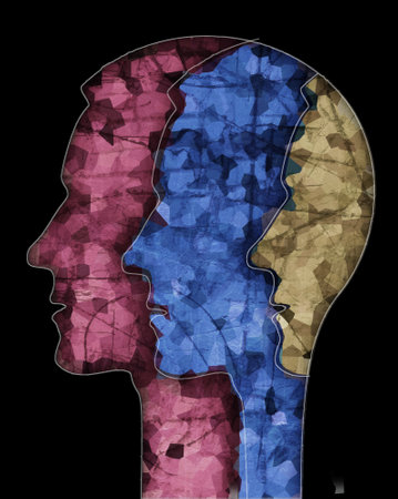Schizophrenia male head silhouette. Illustration with three stylized male heads on grunge texture symbolizing schizophrenia Depression, bipolar disorder.の写真素材