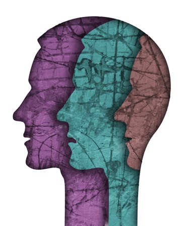 Schizophrenia male head silhouette. Illustration with three stylized male heads on grunge texture symbolizing schizophrenia Depression, bipolar disorder.の写真素材