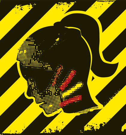 Danger of violence, war, depressed woman. Female stylized grunge silhouette with hand print on the face. On yellow and black striped construction sign. Vector availablのイラスト素材