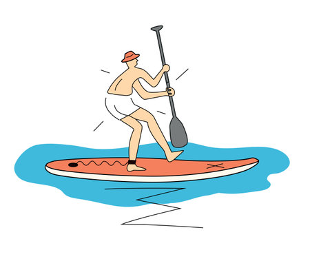 Funny beginner on paddleboard, cartoon. Stylized simple illustration of funny scared man with hat riding on a paddleboard. T-shirt design. Vector available.のイラスト素材