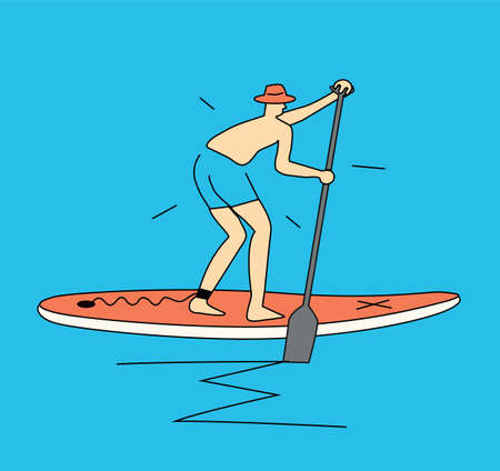 Man on a Paddle Board, cartoon. Stylized simple illustration of funny scared man with hat riding on a paddleboard. T-shirt design. Vector available.のイラスト素材