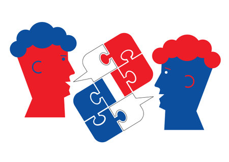 French language lesson dialog, male heads symbol. Two students and Puzzle bubble talk with a French flag symbolizing French conversation. Isolated on white background. Vector available.のイラスト素材